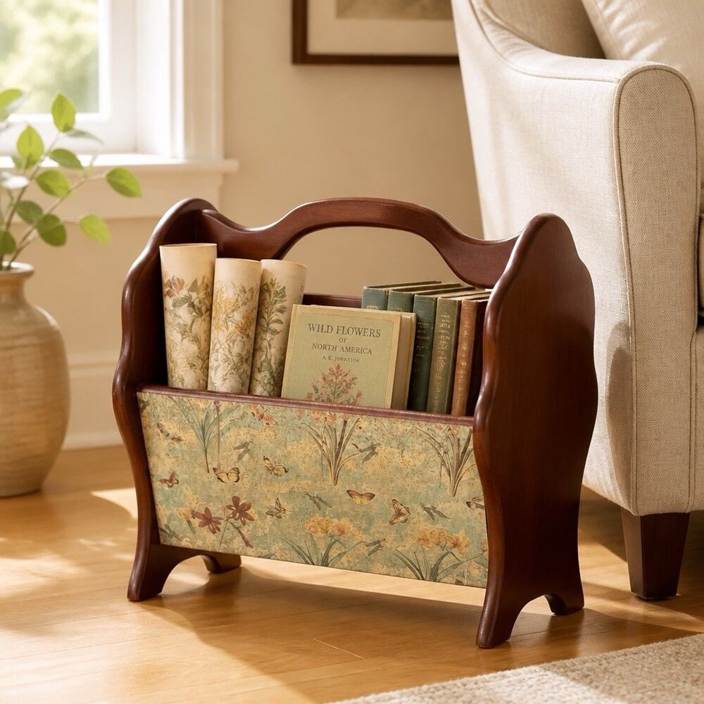 Vintage MCM Solid Wood Butterfly Design Magazine Book Record Rack Holder